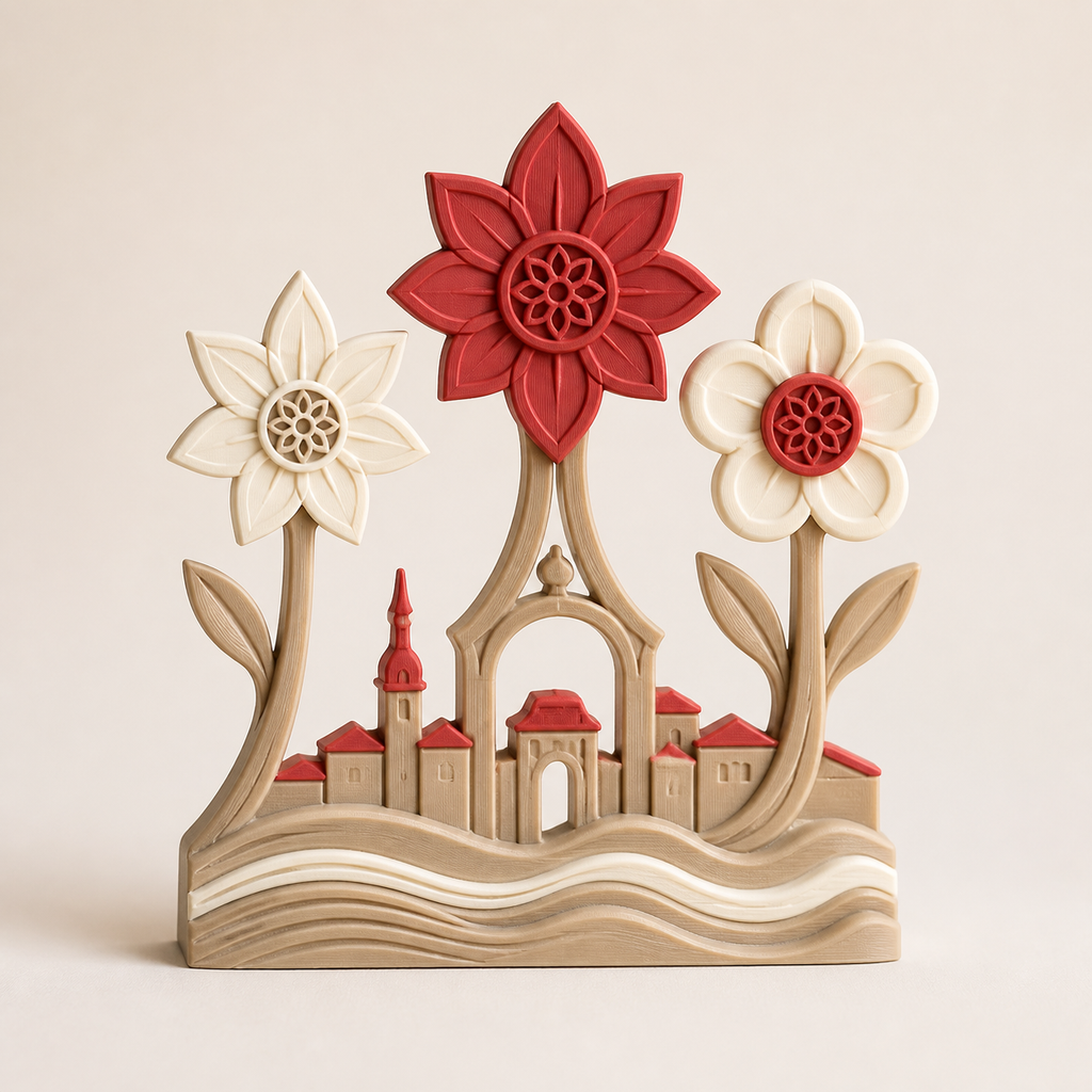 Spring ornament Salzach Blossom – Salzburg from PETG on bright studio background