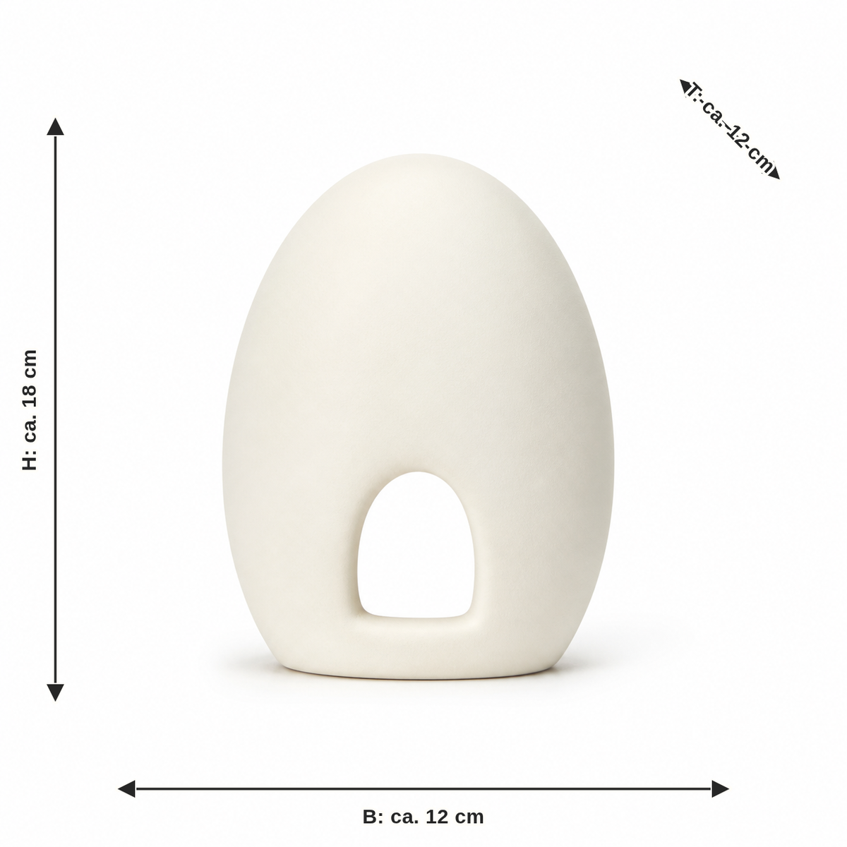 Maßbild für Frühlings-Ei mit Bogenöffnung in Warmweiß: Breite ca. 12 cm, Tiefe ca. 12 cm, Höhe ca. 18 cm