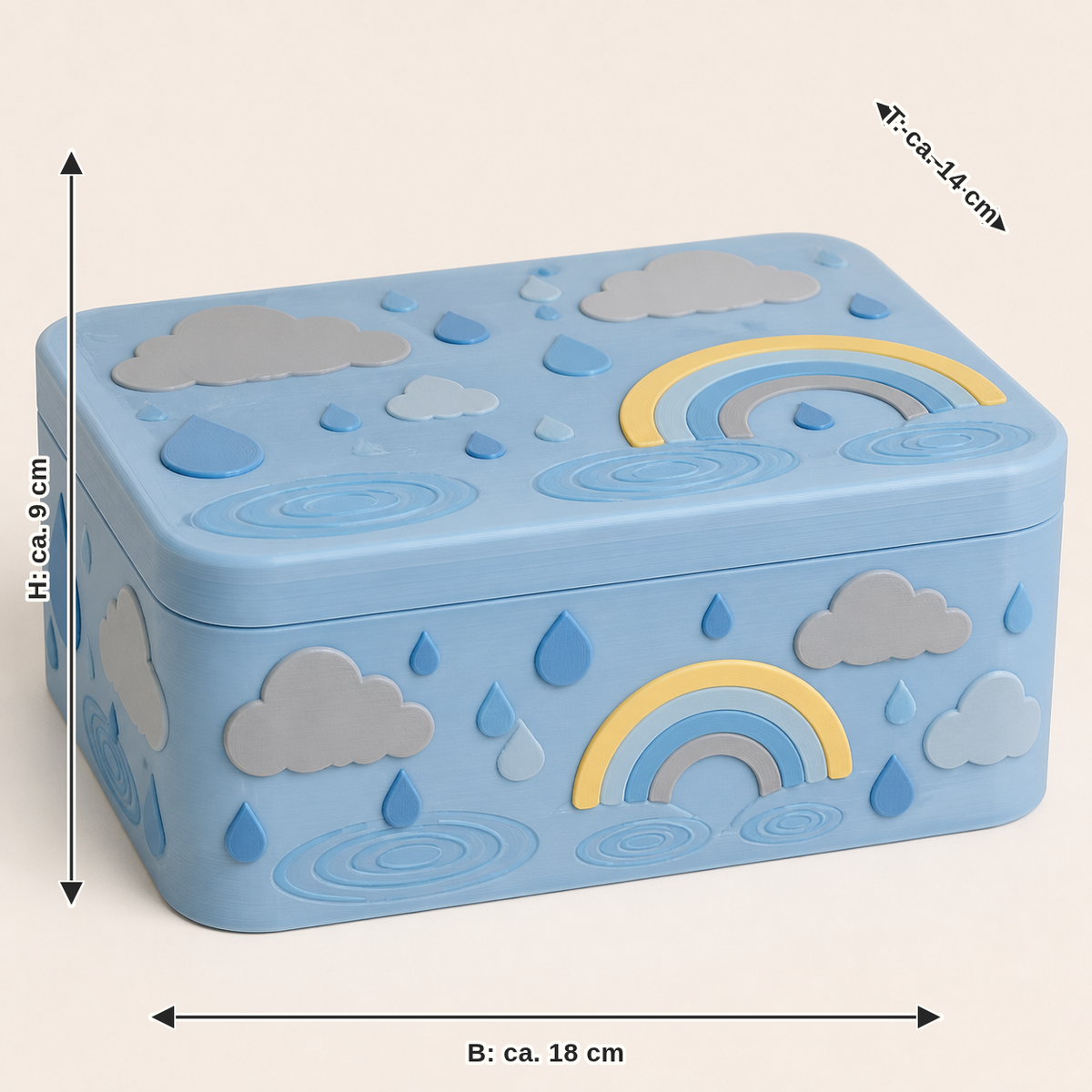Dimensional image for spring rain-storage box drop box: width approx. 18 cm, depth approx. 14 cm, height approx. 9 cm