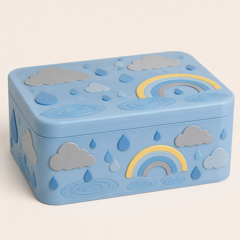 Frühlingsregen-Aufbewahrungsbox Tropfenbox aus 3D-gedrucktem PETG in Himmelblau, Wolkengrau, Sonnengelb