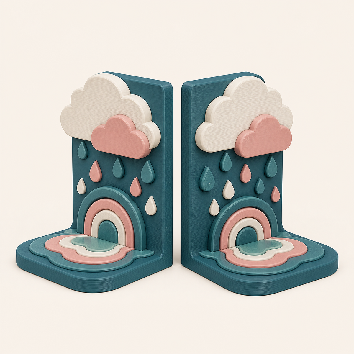 spring rain-bookends-pair Double cloud from 3D-printed PETG in teal, Rosé, warm white
