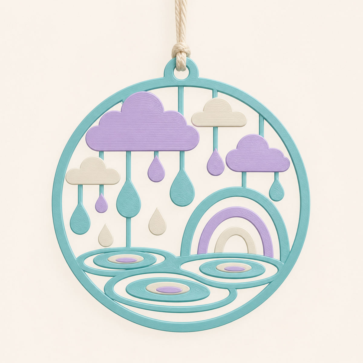spring rain-window ornament drop window in 3D printed PETG in turquoise, lilac, cream