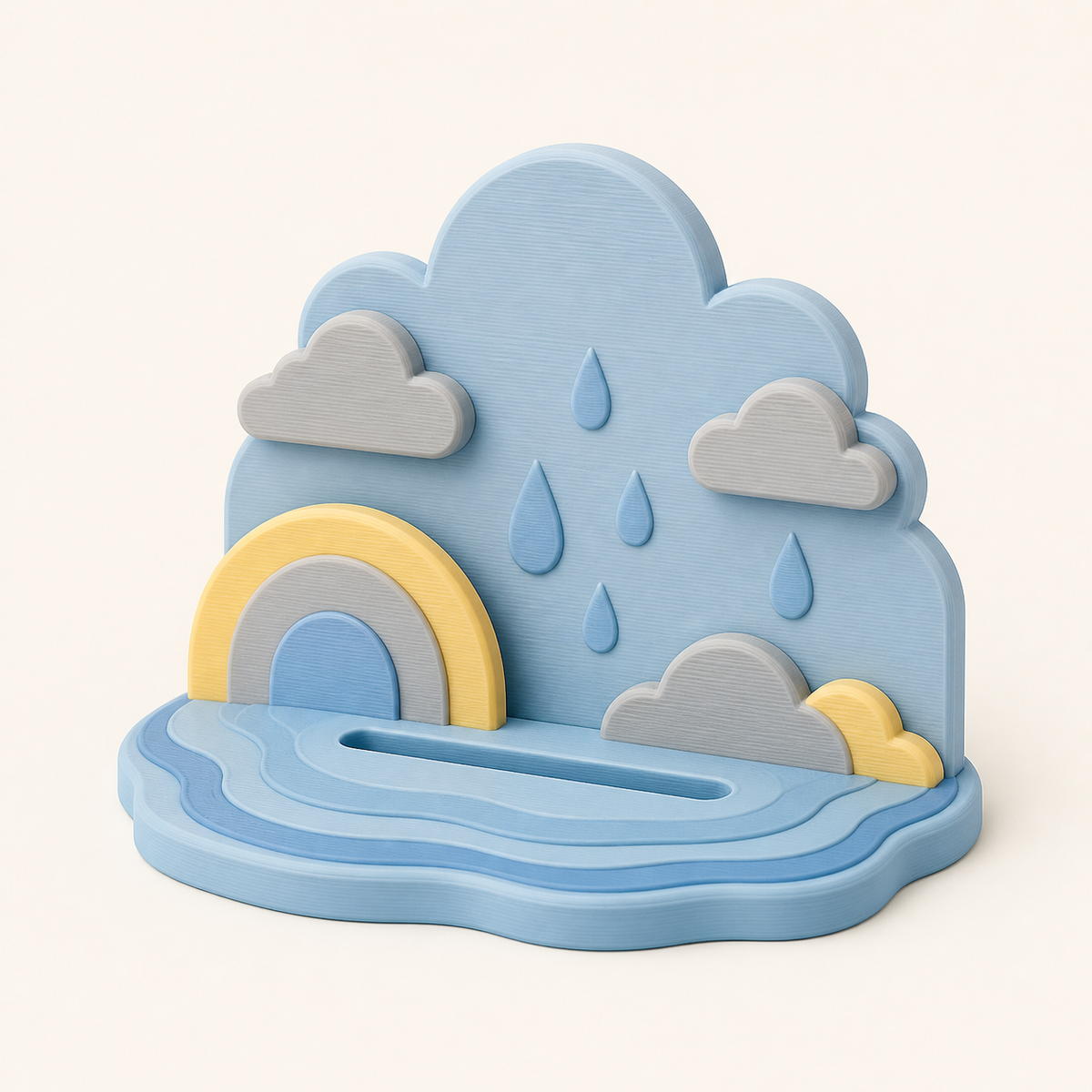 cloud point from 3D-printed PETG in sky blue, cloud grey, sun yellow