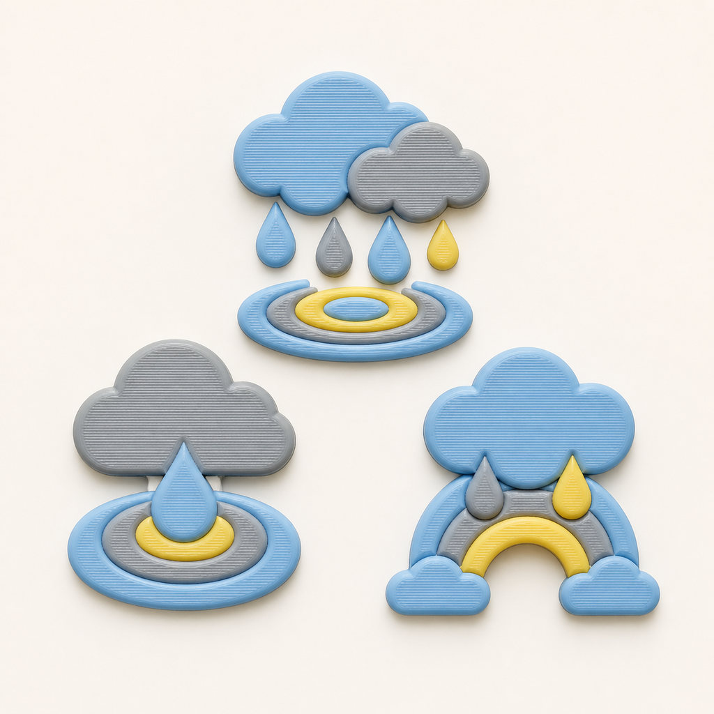 spring rain magnet set drop trio from 3D-printed PETG in sky blue, cloud grey, sun yellow