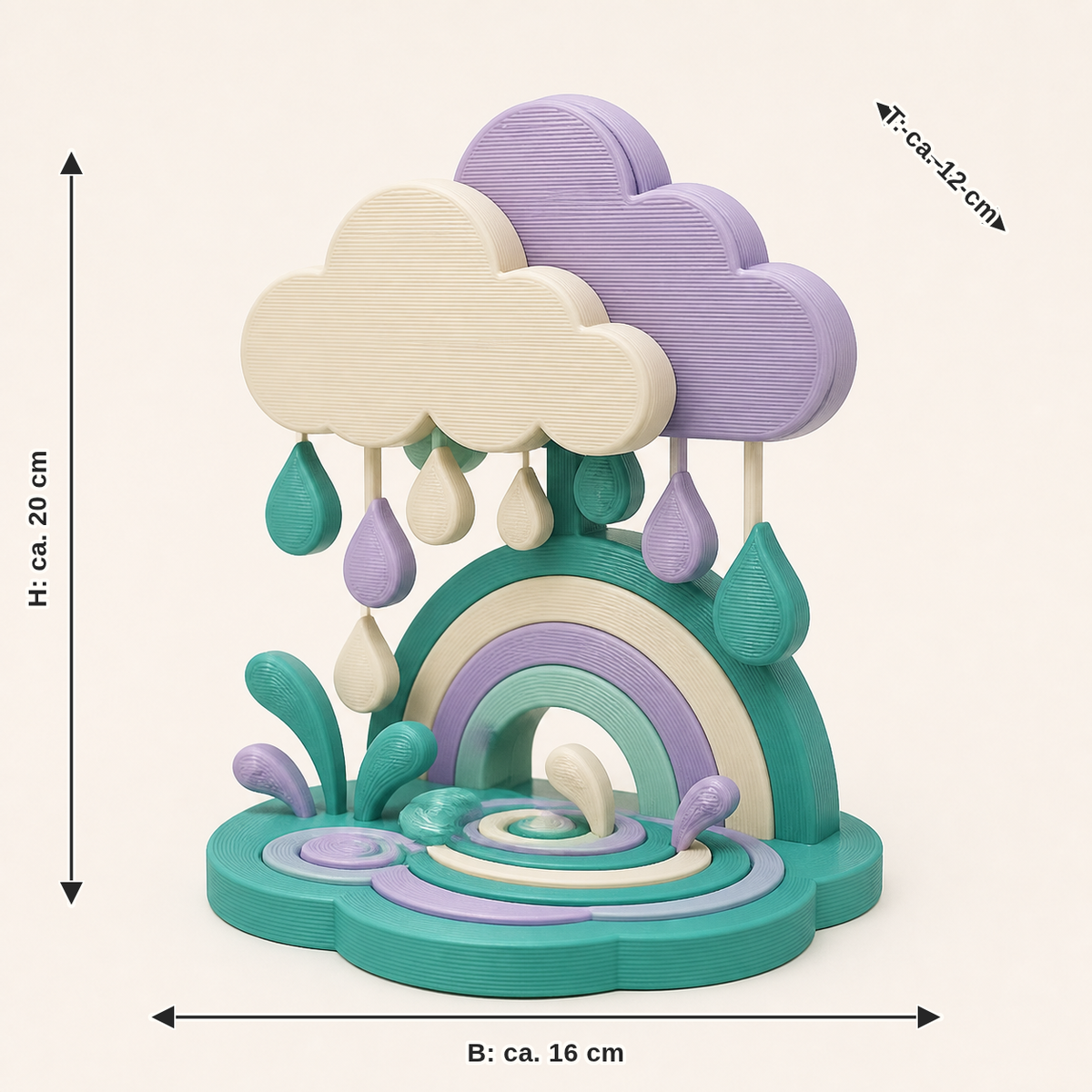 Dimensional image for spring rain mini sculpture Aprilweather: width approx. 16 cm, depth approx. 12 cm, height approx. 20 cm