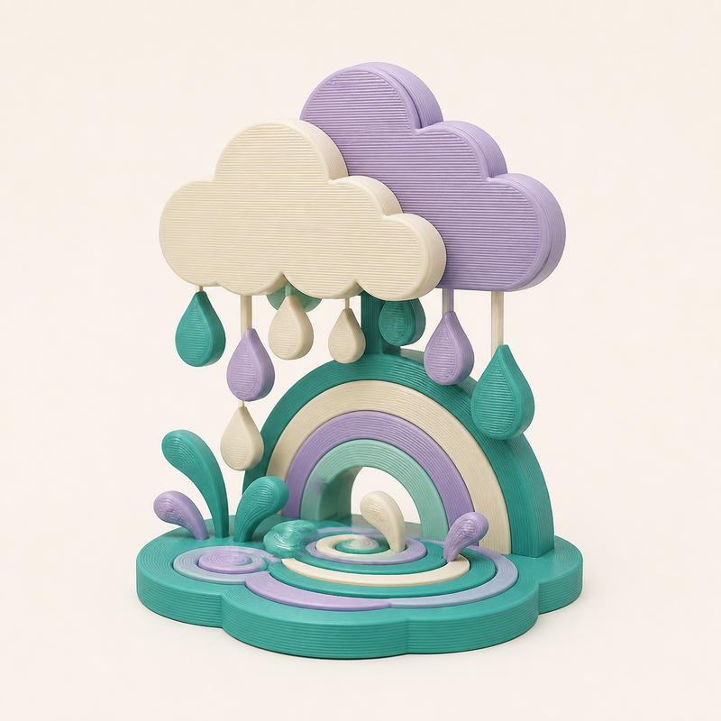 Frühlingsregen-Mini-Skulptur Aprilwetter aus 3D-gedrucktem PETG in Türkis, Flieder, Creme