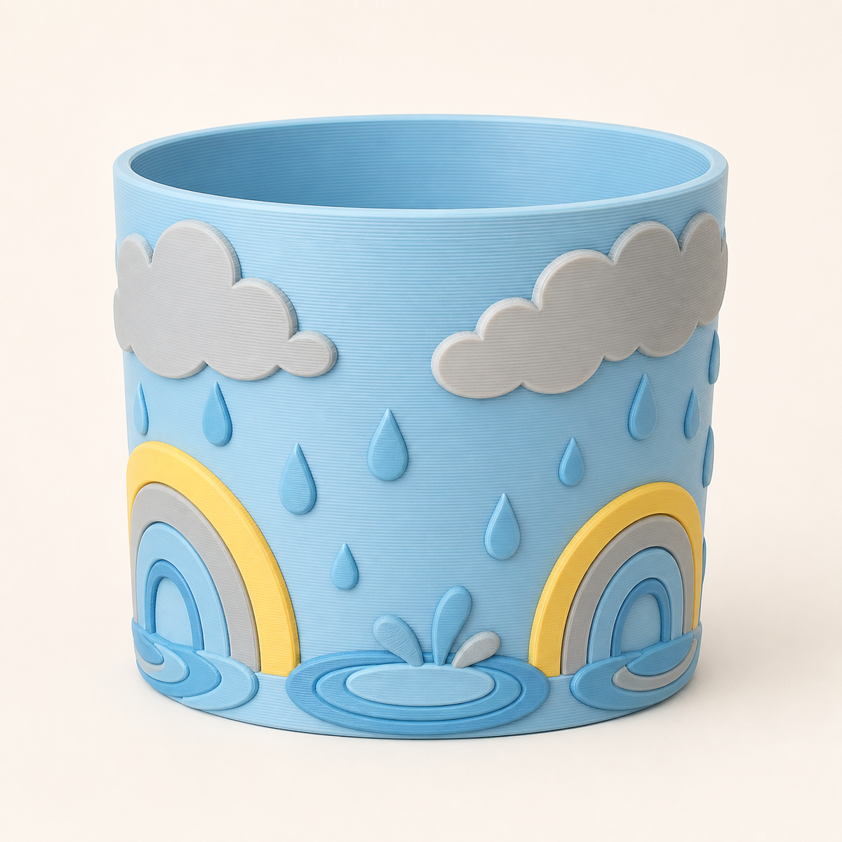 rain pot made of 3D printed PETG in sky blue, cloud grey, sun yellow