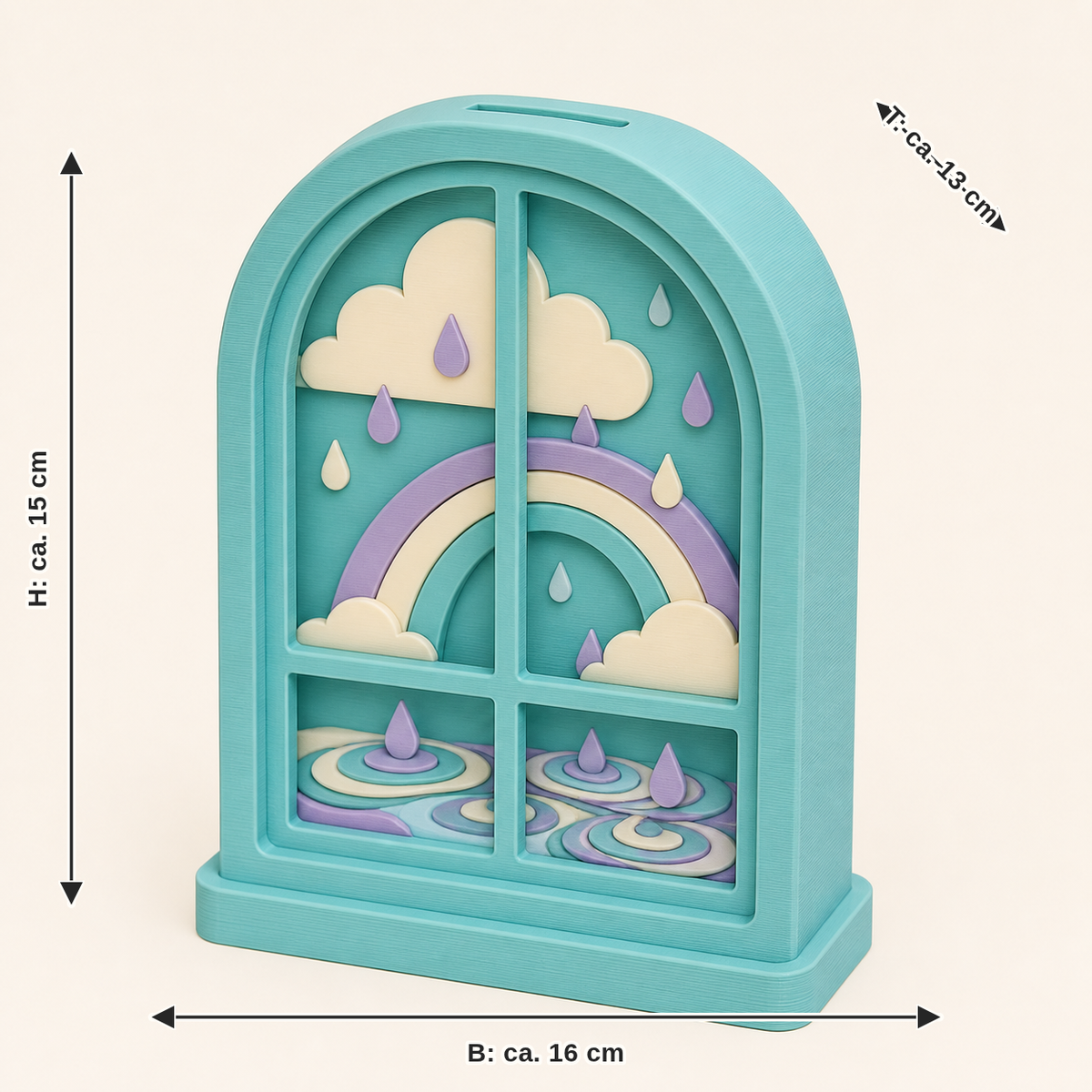Dimensional image for spring rain-money box Rainbow window: width approx. 16 cm, depth approx. 13 cm, height approx. 15 cm