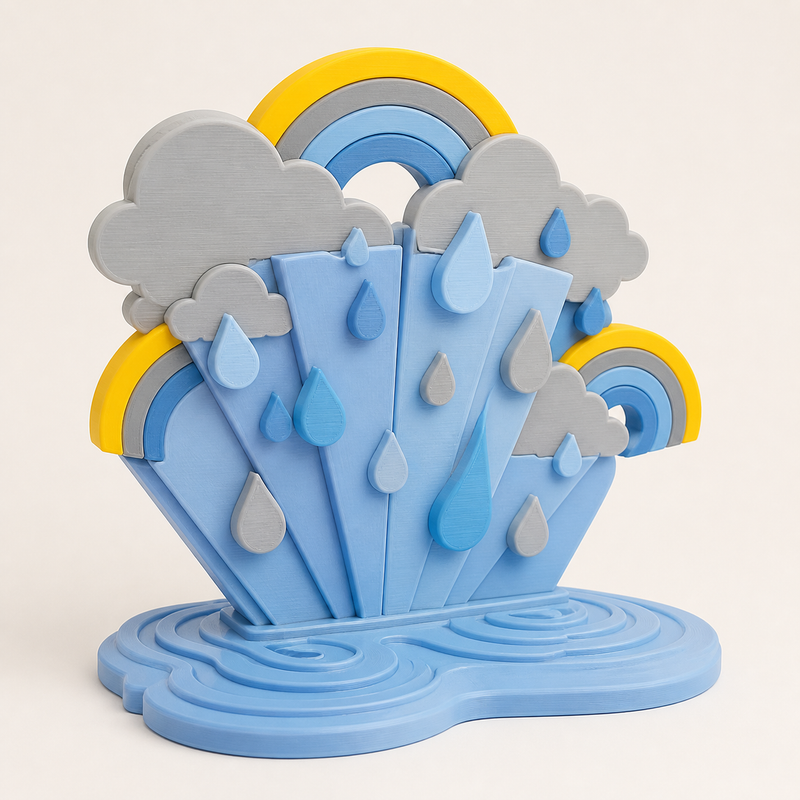spring rain table top rain compartments in 3D-printed PETG in sky blue, cloud grey, sun yellow