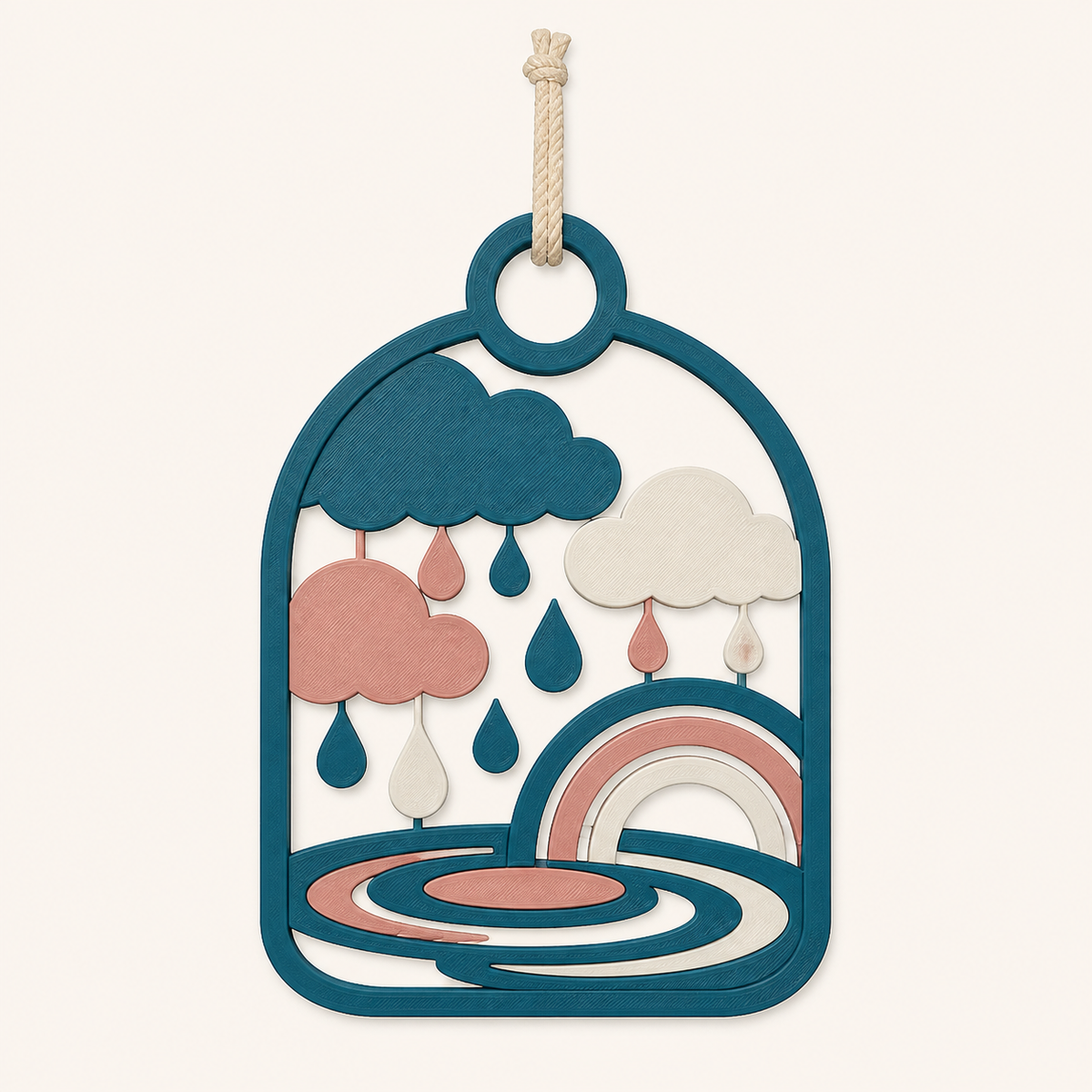 spring rain-door pendant cloud arch from 3D-printed PETG in teal, Rosé, warm white