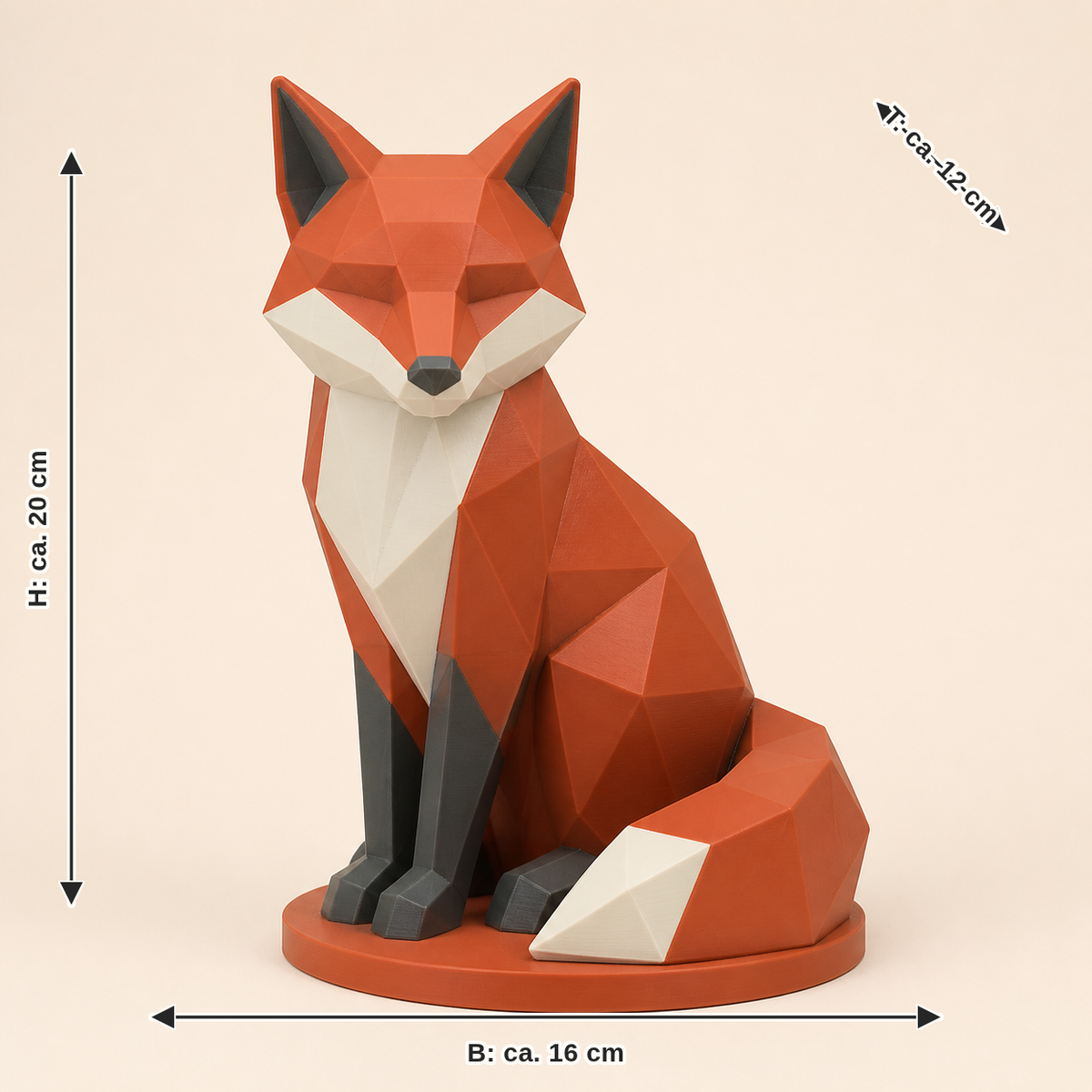 Maßbild für Fuchs-Low-Poly-Skulptur Facettenfigur: Breite ca. 16 cm, Tiefe ca. 12 cm, Höhe ca. 20 cm