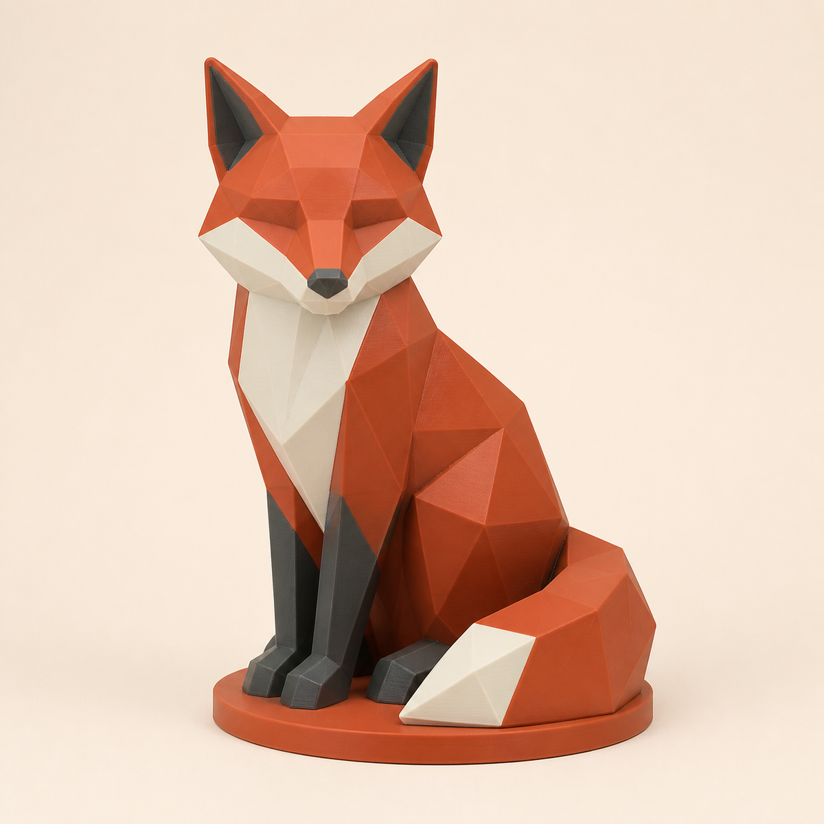 Fuchs-Low-Poly-Skulptur Facettenfigur aus 3D-gedrucktem PETG in Terrakotta, Knochenweiß, Anthrazit