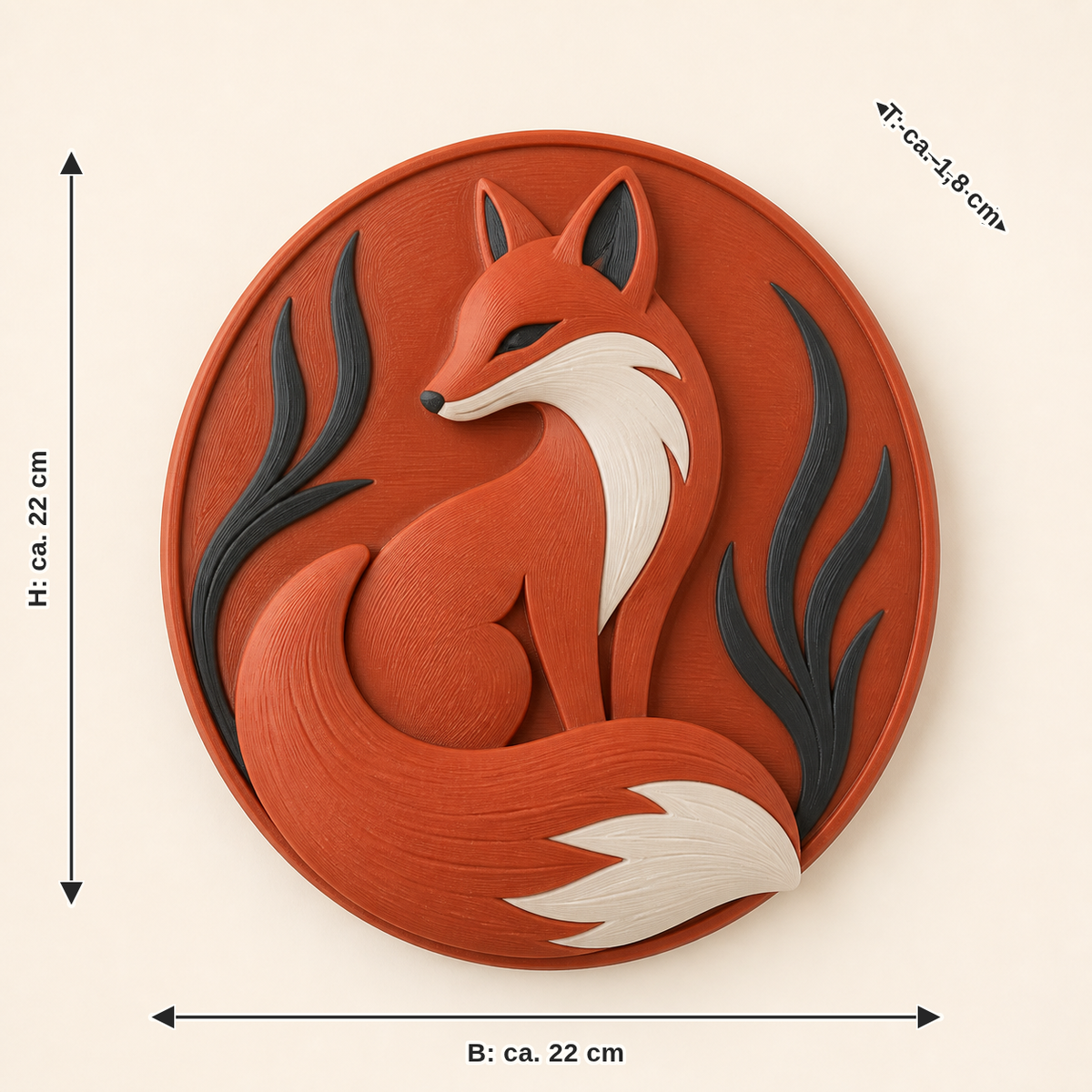Maßbild für Fuchs-Wandrelief Tierporträt: Breite ca. 22 cm, Tiefe ca. 1.8 cm, Höhe ca. 22 cm