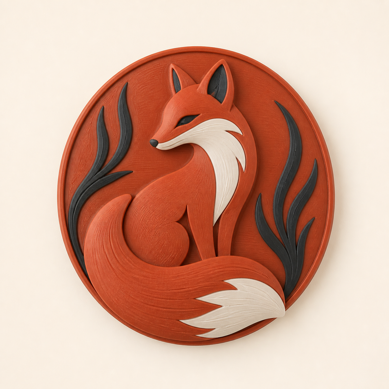 Fuchs-Wandrelief Tierporträt aus 3D-gedrucktem PETG in Terrakotta, Knochenweiß, Anthrazit