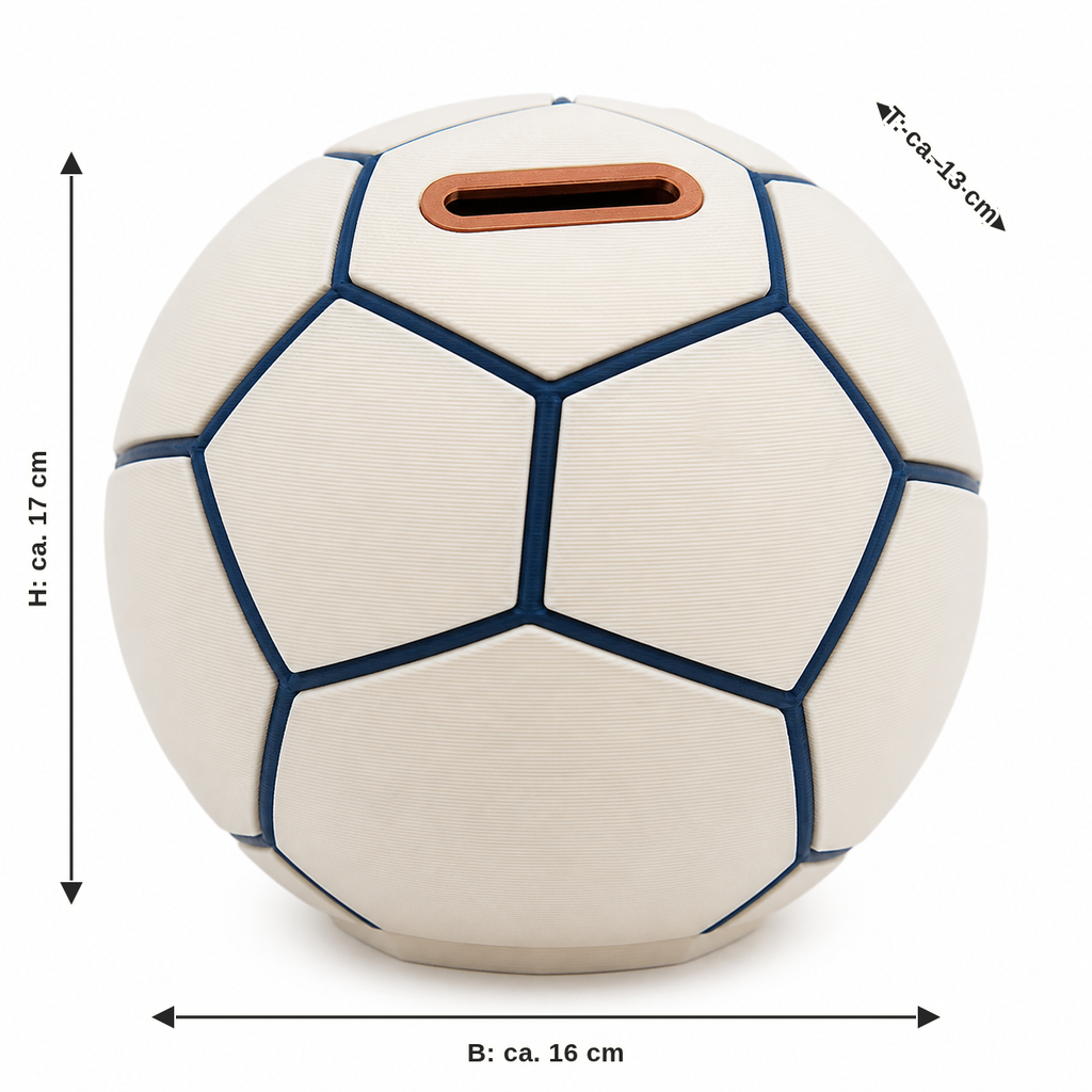 Measurement for football-shaped money box in cream and dark blue: width approx. 16 cm, depth approx. 13 cm, height approx. 17 cm