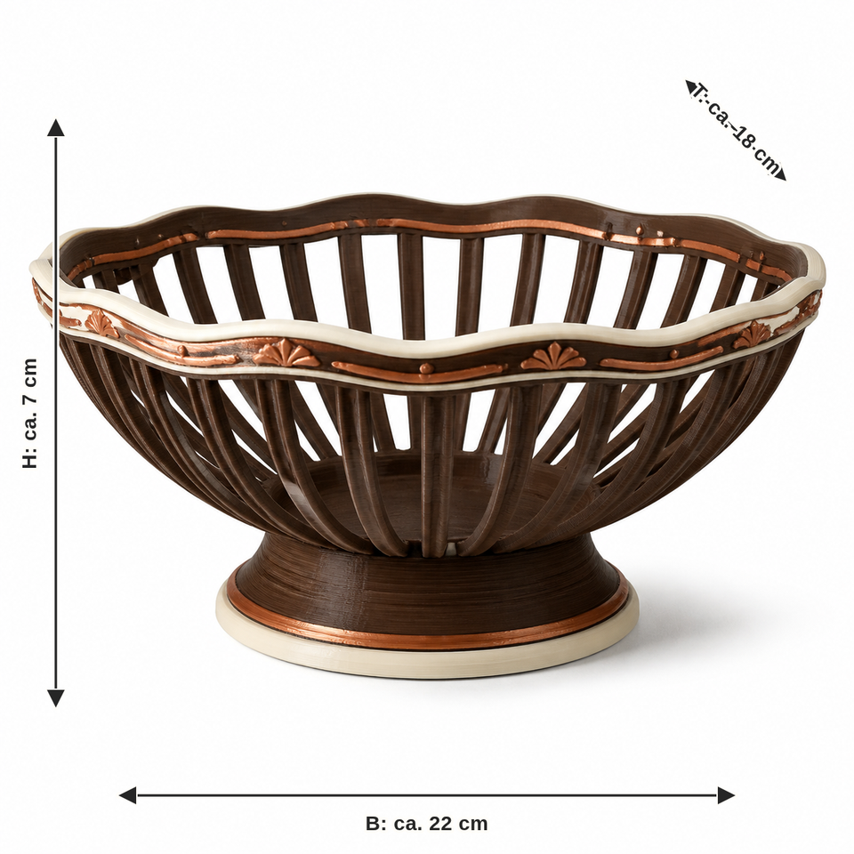 Maßbild für Fußschale mit offenem Strebenrand: Breite ca. 22 cm, Tiefe ca. 18 cm, Höhe ca. 7 cm