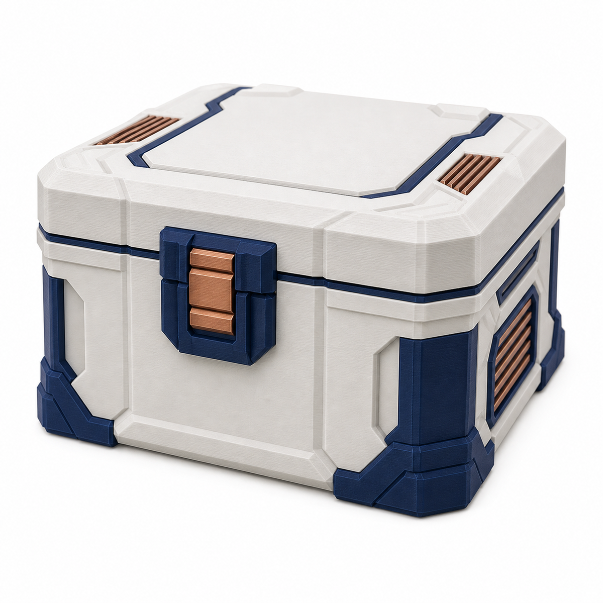 Product illustration of "Futuristic storage box with safety bar" on white background: storage box; Basic shape: rectangular box shape with lid; Design: reinforced corners, technical panels and a central front closure; Colours: white, dark blue and copper.