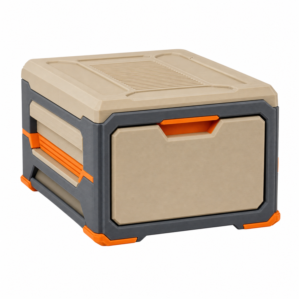 Kompakte Aufbewahrungsbox mit Frontklappe – Produktansicht auf weißem Hintergrund; Farben: Beige, Dunkelgrau und Orange.