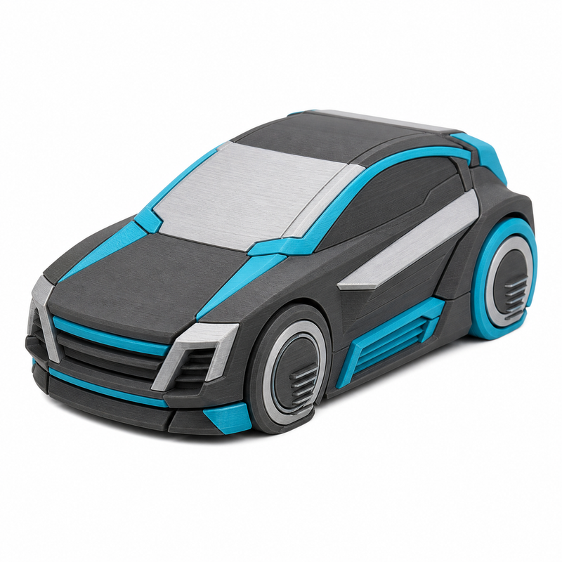 Product image of "Futuristic sports car model in black and cyan" on white background: sports car model; Basic shape: flat, wedge-shaped body with wide front; Design: angular vehicle surfaces and large wheels; Colours: black, silver grey and cyan.