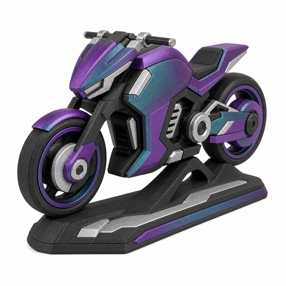 Product image of “Futuristisches motorcycle model mit Violettakzenten” on white background: motorcycle model; Basic shape: compact motorcycle shape on separate presentation basis; Design: disguised technical assemblies and wide wheels; Colours: black, violet and turquoise.