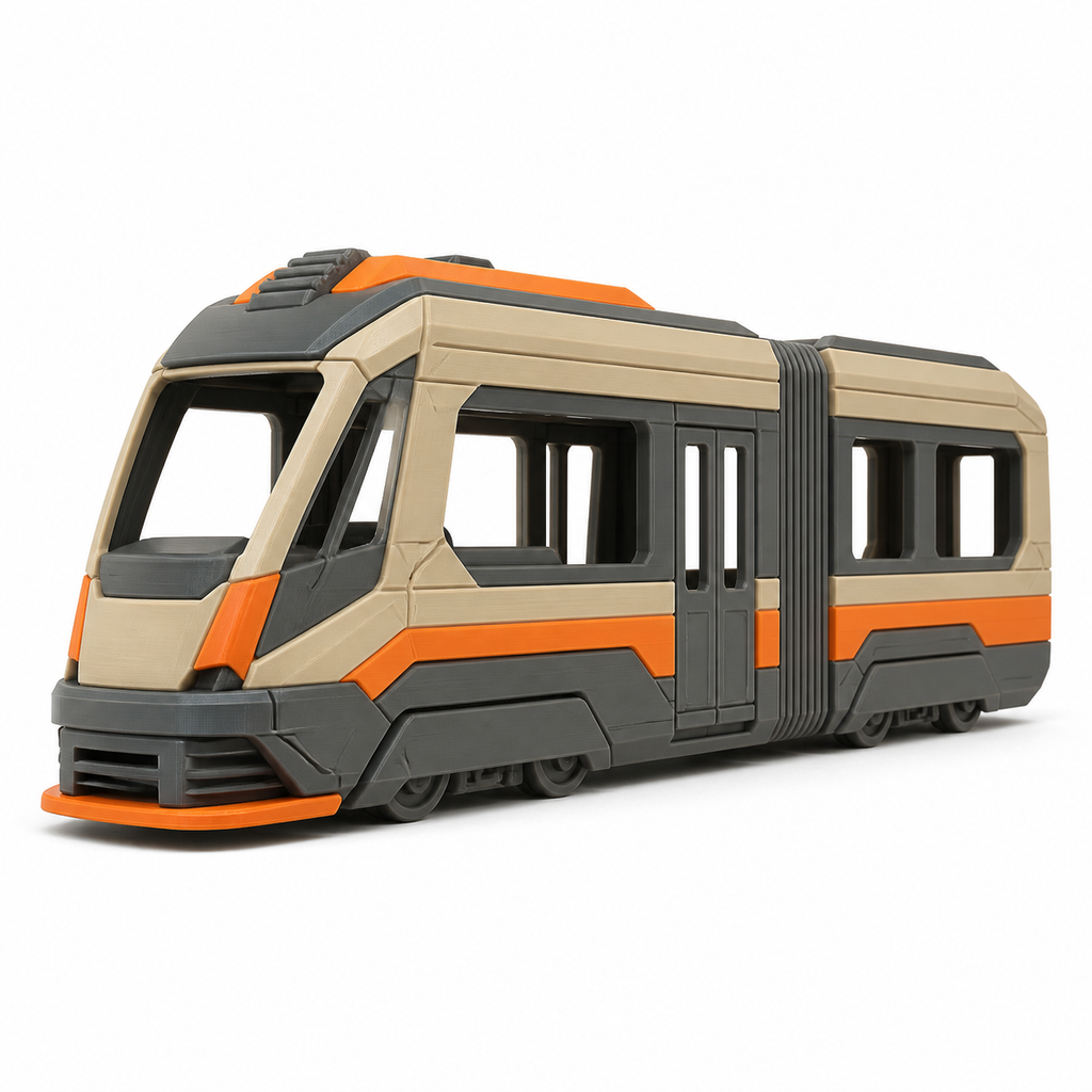 Futuristisches Straßenbahnmodell in Beige und Orange – Produktansicht auf weißem Hintergrund; Farben: Beige, Dunkelgrau und Orange.