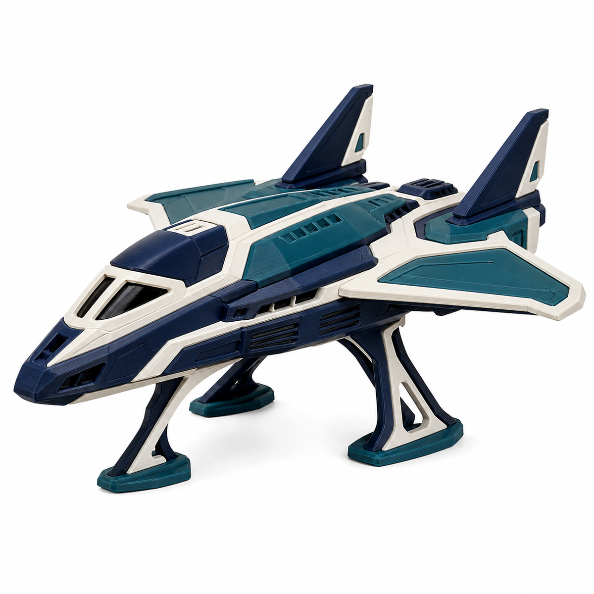 Product image of "Futuristic space glider model in teal and white" on white background: space glider model; Basic shape: flat missile shape with wide side wings and double guide; Design: a pointed front and staggered wings; Colours: white, teal and dark blue.