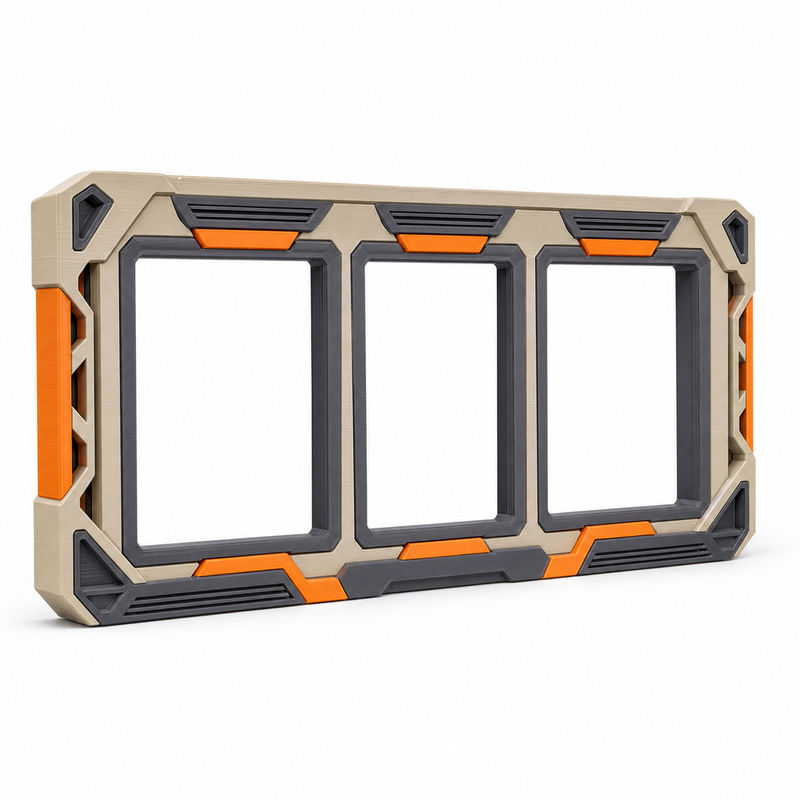 Dreifacher Bilderrahmen mit Technikrahmen – Produktansicht auf weißem Hintergrund; Farben: Beige, Dunkelgrau und Orange.