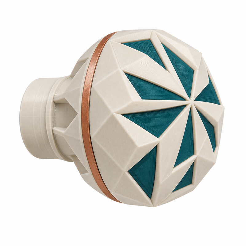 Product illustration of "round curtain holder with star facets" on white background: curtain holder; Basic shape: round rosette shape with short cylindrical approach; Design: a radially arranged star pattern of angular facets; Colours: cream, teal and copper.