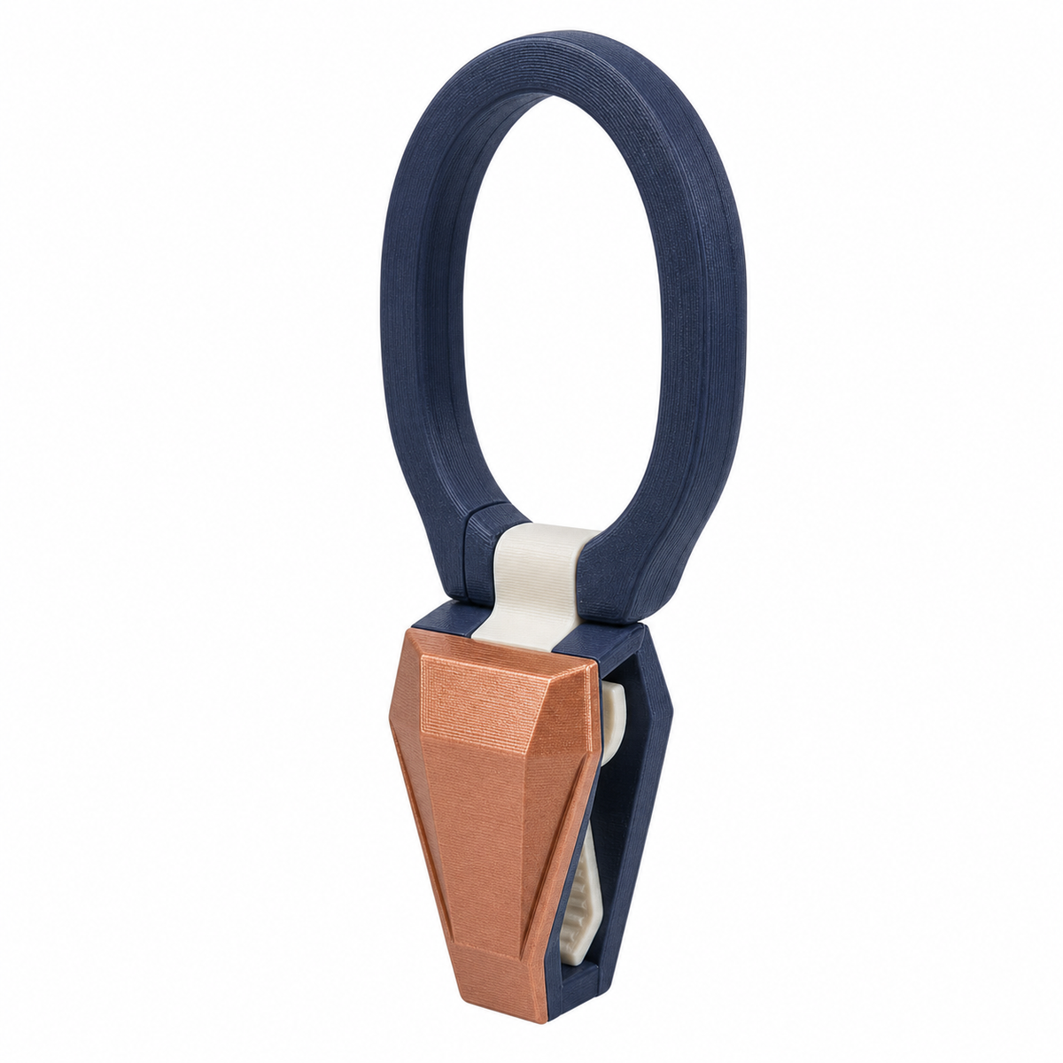 Product illustration of "curtain holder with oval loop" on white background: curtain holder; Basic shape: large oval loop with narrow lower closure; Design: a smooth ring contour and a geometrically framed breakpoint; Colours: dark blue, copper and black.
