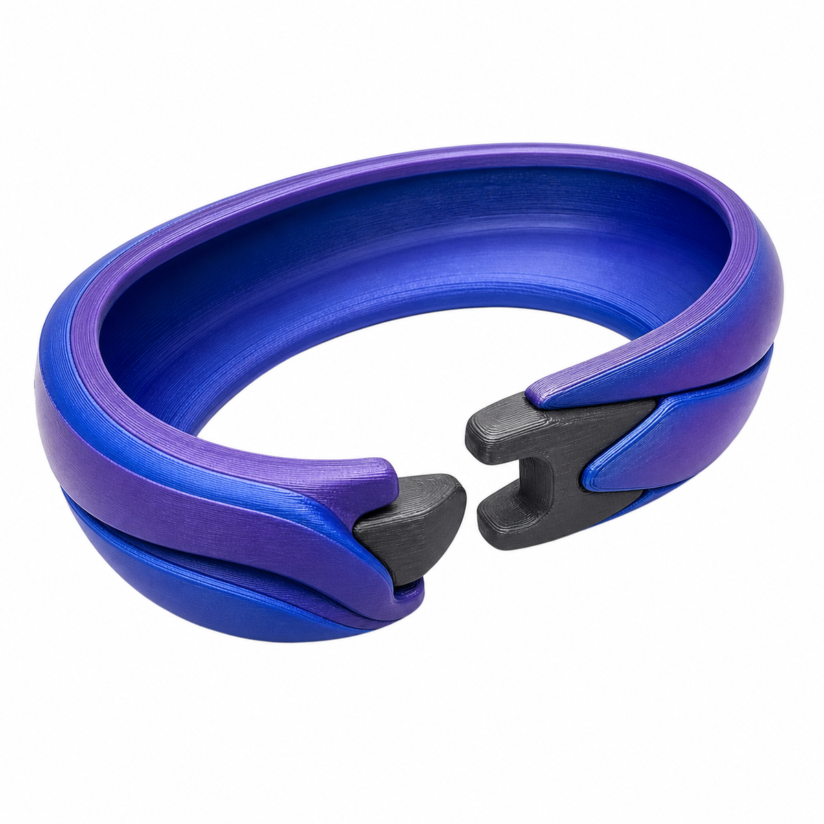 Product illustration of “Bowling curtain ring with double bow” on white background: curtain ring; Basic shape: open oval ring shape made of two parallel guided bows; Design: soft curved, interlocking contours; Colours: violet, blue and dark grey.