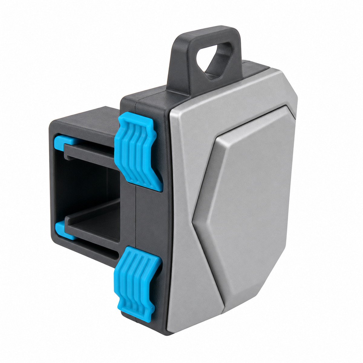 Product illustration of "Kantiger curtain holder with clamp frame" on white background: curtain holder; Basic shape: compact rectangular body with open clamp frame; Design: multi-layered sidesplattten and a strong upper bracket; Colours: dark grey, silver grey and cyan.