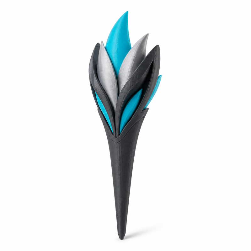 Product illustration of “Futurist garden stake with flame motif” on a white background: garden stake; Basic shape: sleek, upwardly open leaf shape on a long earth skewer; Design: several overlaid flame-like tips; Colours: anthracite, silver grey and cyan.