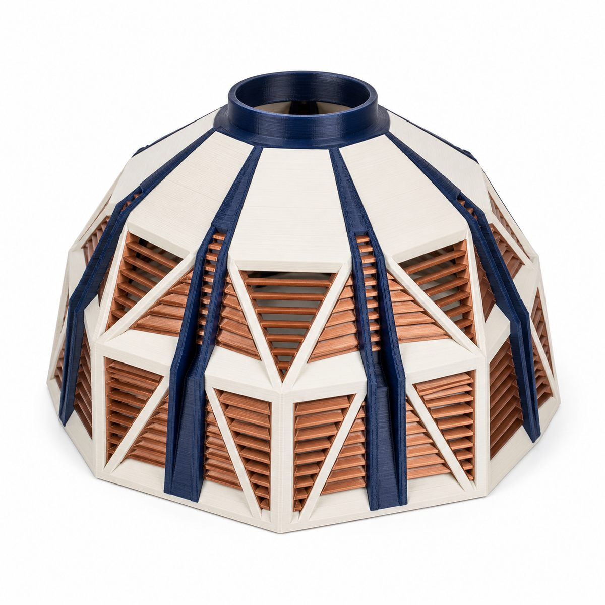 Product illustration by “Cupular lampshade with radial struts” on a white background: lampshade; Basic shape: low wide dome shape with open bottom edge; Design: radial struts and triangular umbrella fields; Colours: cream, dark blue and copper.