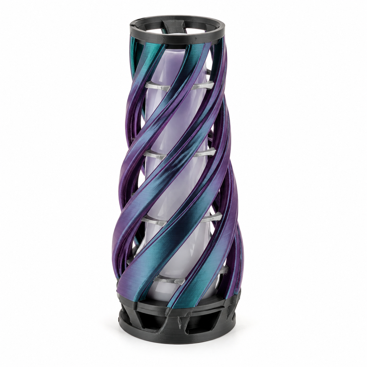 Zylindrische LED-Leuchte mit Spiralrahmen – Produktansicht auf weißem Hintergrund; Farben: Schwarz, Violett und Türkis.