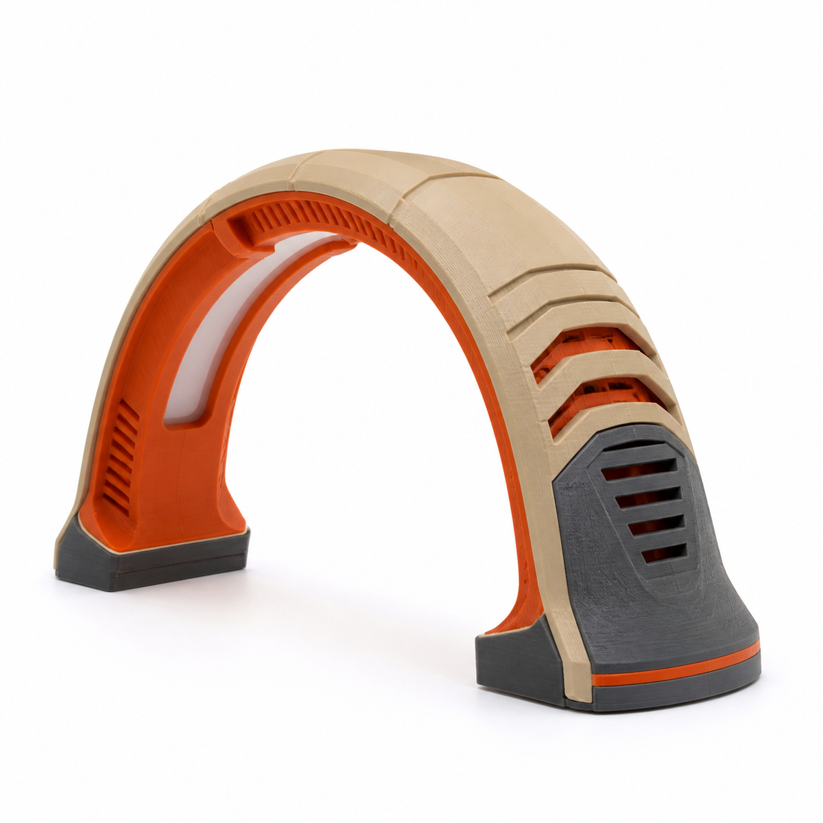 Bogenförmige LED-Leuchte in Beige und Orange – Produktansicht auf weißem Hintergrund; Farben: Beige, Dunkelgrau und Orange.