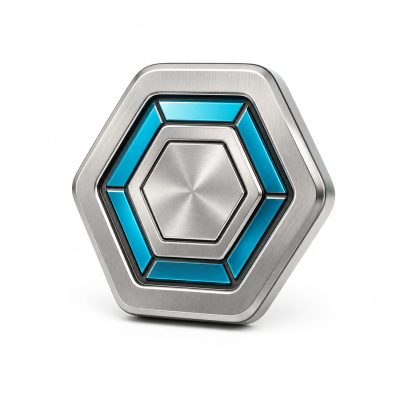 Sechseckiger Magnet mit Cyanring – Produktansicht auf weißem Hintergrund; Farben: Silbergrau, Anthrazit und Cyan.