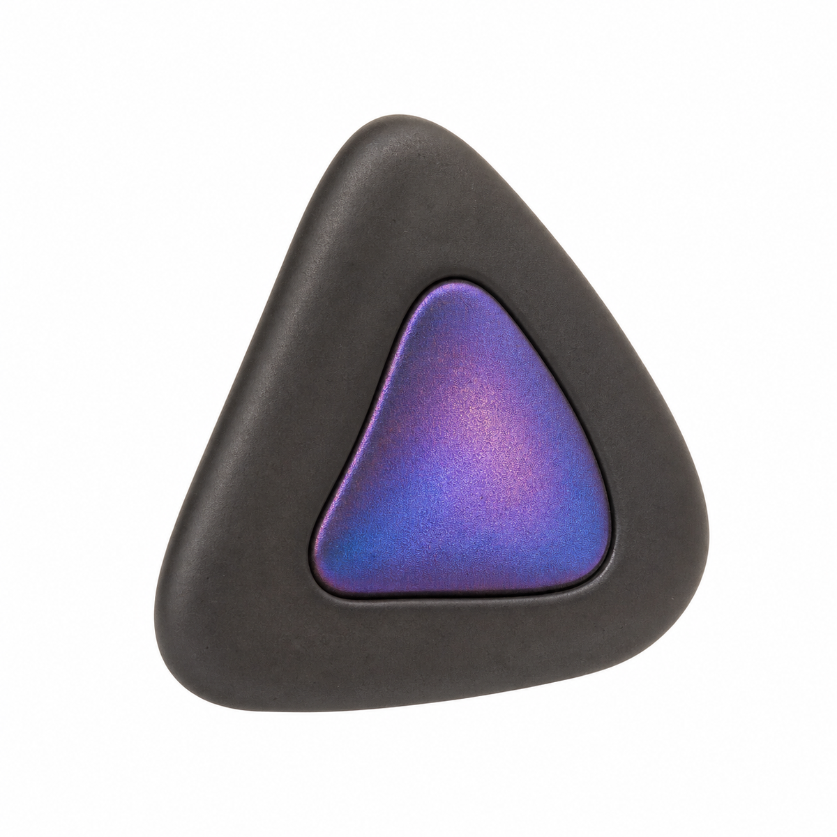 Dreieckiger Magnet mit irisierender Einlage – Produktansicht auf weißem Hintergrund; Farben: Schwarz, Violett und Blau.