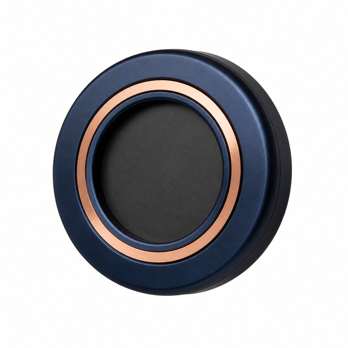 Runder Magnet mit Kupferring – Produktansicht auf weißem Hintergrund; Farben: Dunkelblau, Schwarz und Kupferfarben.
