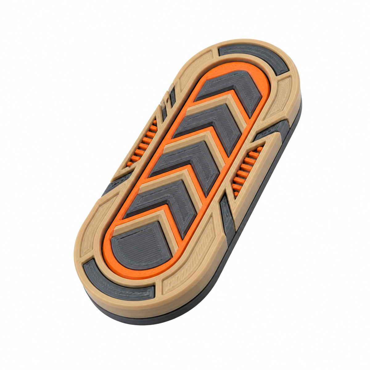 Länglicher Magnet mit Chevronmuster – Futuristisch – Produktansicht auf weißem Hintergrund; Farben: Beige, Dunkelgrau und Orange.
