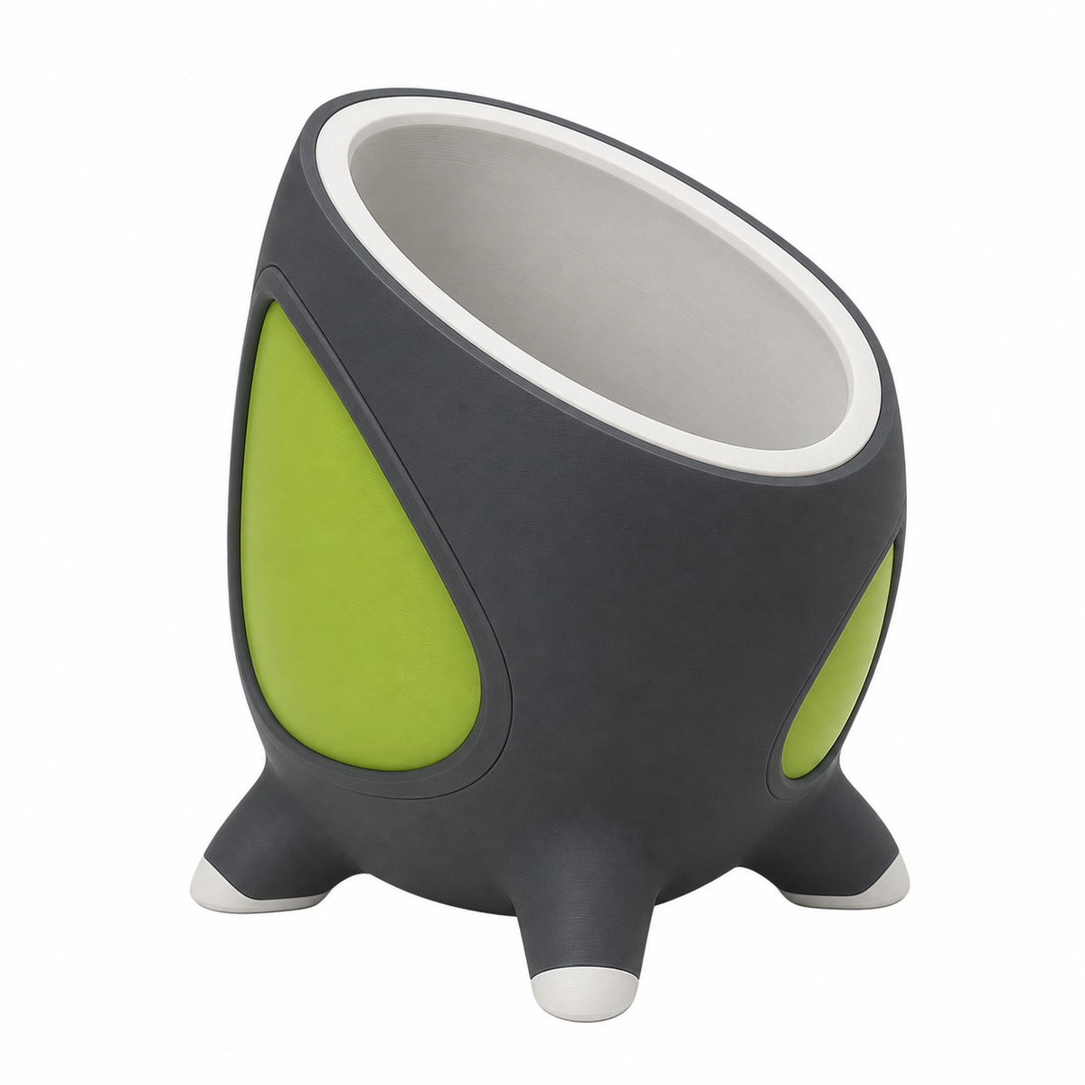 Product illustration of "Suitable plant pot with green side panels" on white background: plant pot; Basic shape: slanted oval vessel shape on four short feet; Design: a distinctive inclined opening and organically rounded outer walls; Colours: dark grey, white and lime green.