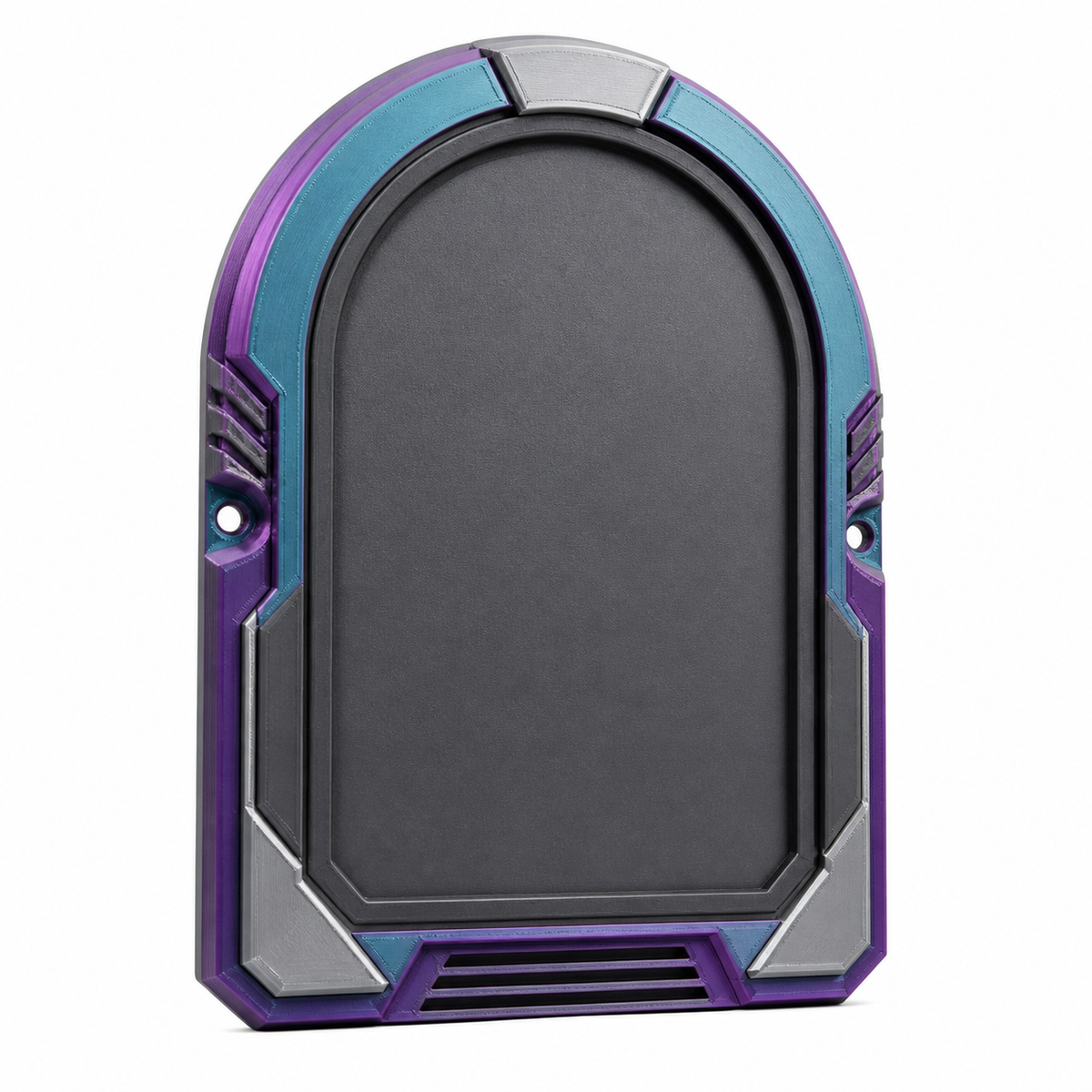 Product illustration of "Arc-shaped door sign with colour gradient" on white background: door sign; Basic shape: high arc-shaped shield surface with straight bottom edge; Design: a multi-part frame, lateral fastenings and a ribbed foot field; Colours: anthracite, violet and turquoise.