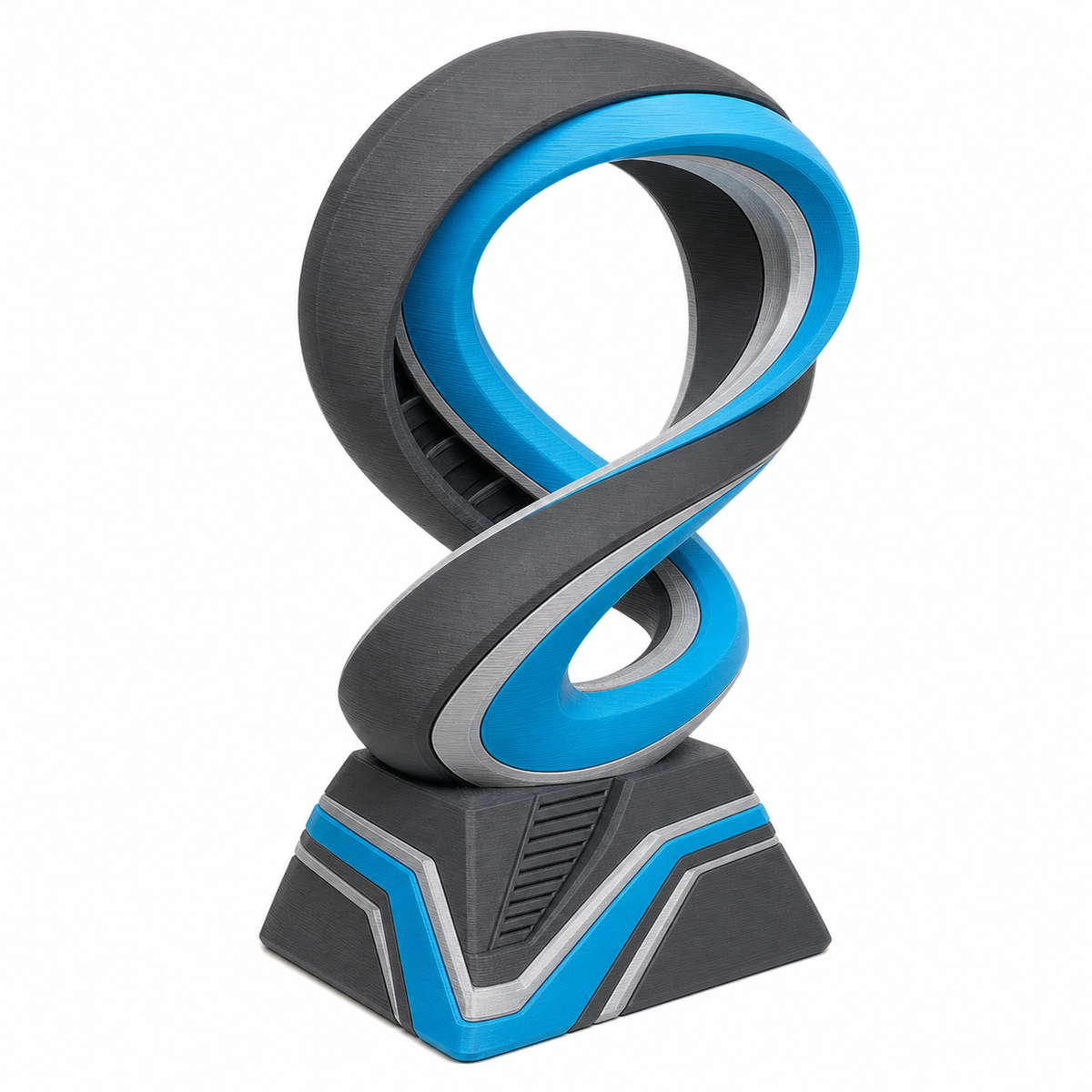 Endlosschleifen-Skulptur mit Cyanband – Produktansicht auf weißem Hintergrund; Farben: Anthrazit, Silbergrau und Cyan.