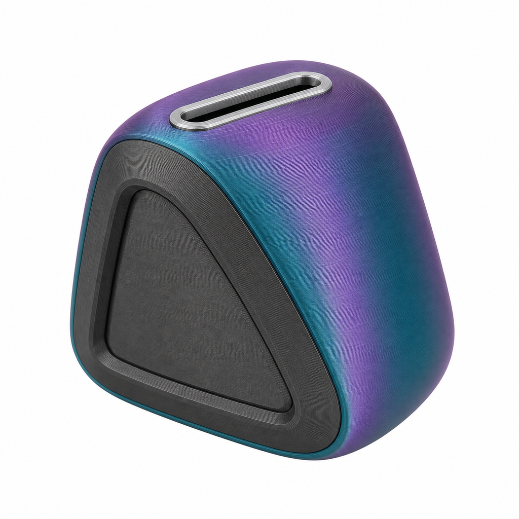 Product illustration of “Run money box with violet-to-teal gradient” on a white background: money box; Basic shape: a compact, asymmetrically rounded shape with triangular front; Design: an upper coin slit, a dark front surface and a case with a changing colour gradient; Colours: violet, teal, anthracite and Silver.