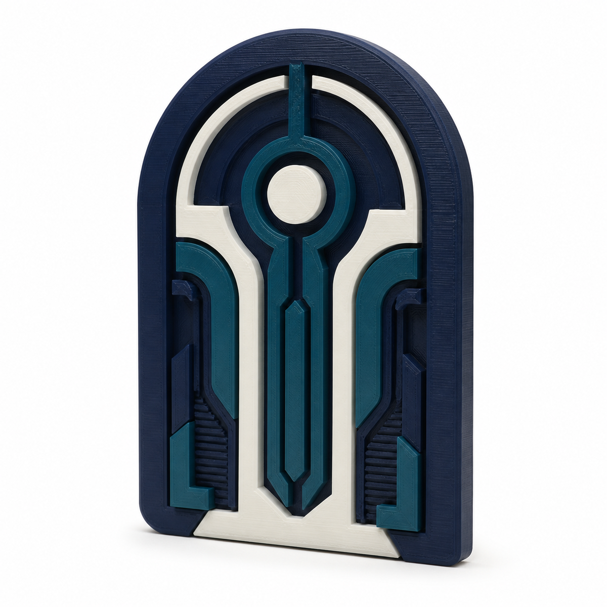 Product illustration of "Arc-shaped wall relief with circuit motif" on a white background: wall relief; Basic shape: high arc-shaped Platte with symmetrical front; Design: linear technical paths, a round head module and ribbed foot fields; Colours: dark blue, teal and white.