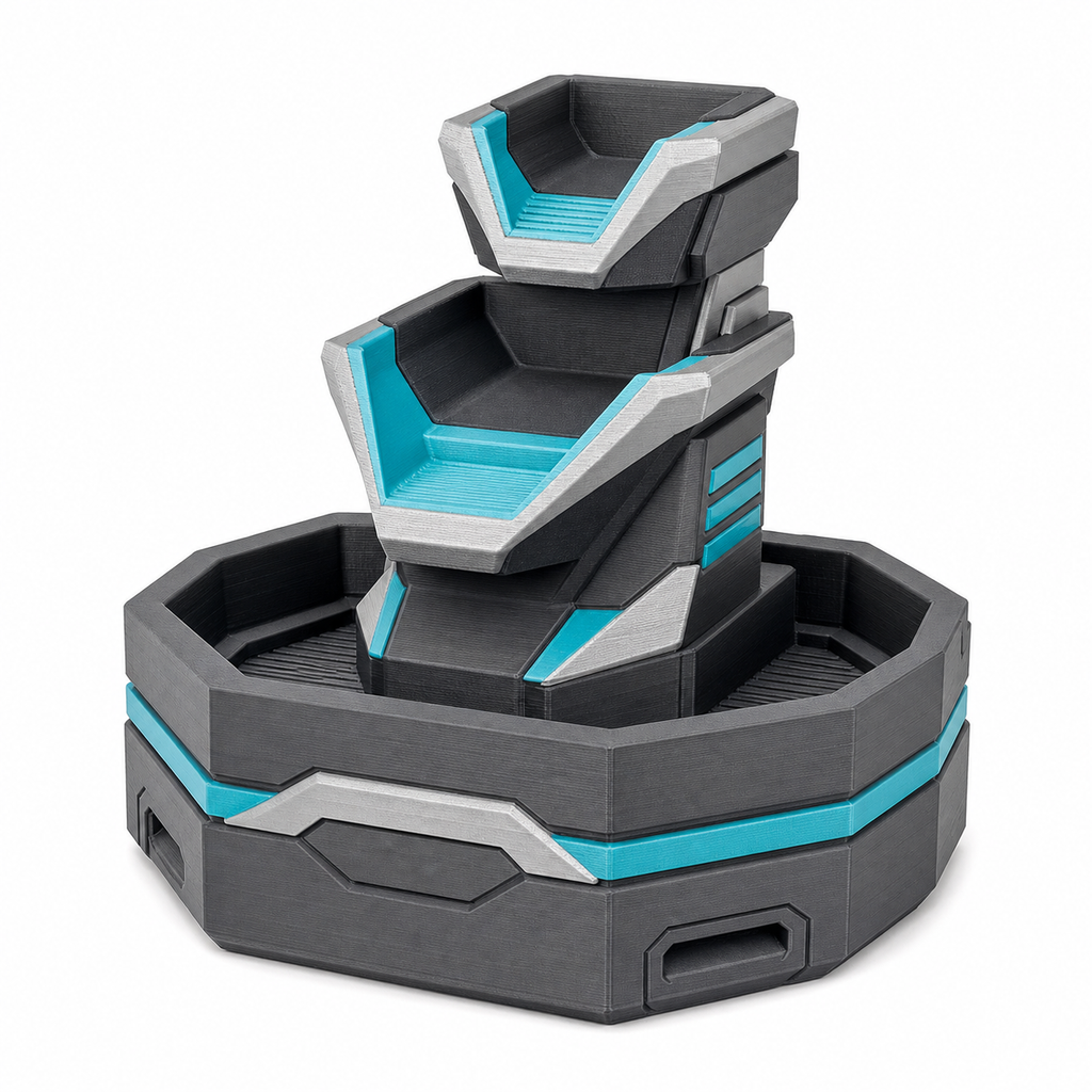 Product illustration of "cascade fountain with three cyan basins" on a white background: Indoor fountains; Basic shape: stepped fountain shape with three superimposed basins in a round shell; Design: edgy outlets, side ribs and a wide collecting base; Colours: anthracite, silver grey and cyan.