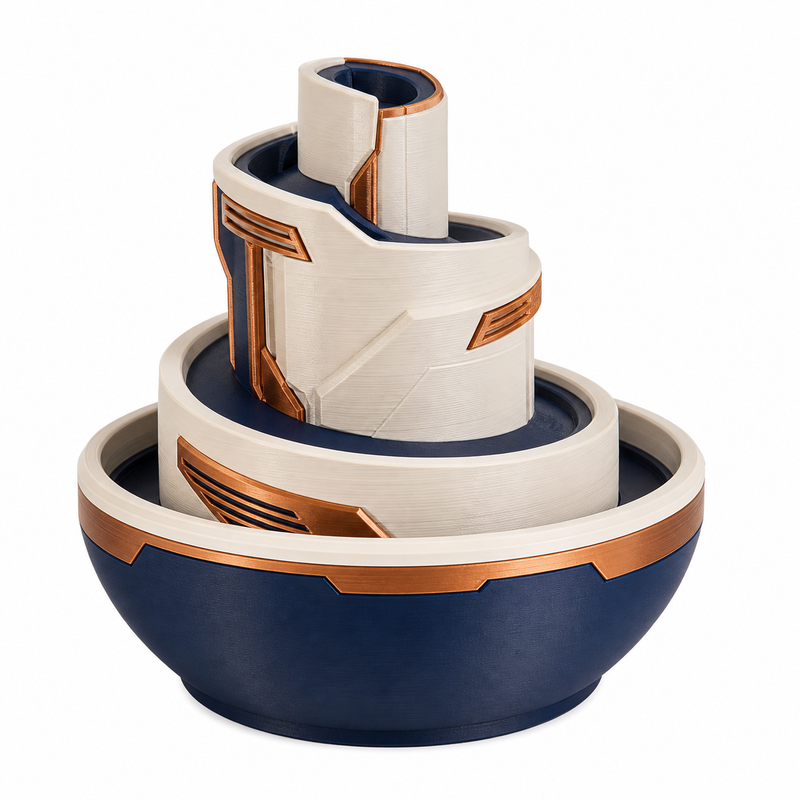 Product illustration of "spiral fountain with curved water steps" on white background: indoor fountains; Basic shape: round collecting bowl with three spirally offset tower levels; Design: open channels, stepped outlets and a central height graduation; Colours: cream, dark blue and copper.