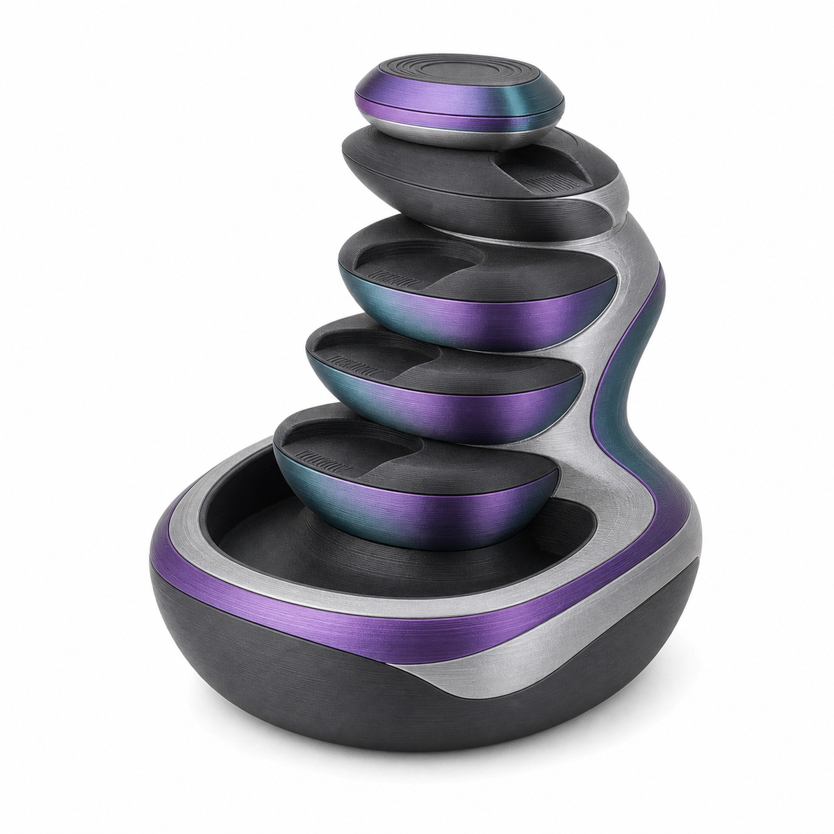 Product illustration of “Indoor fountains in stacked stone look” on a white background: Indoor fountains; Basic shape: curved round shell with four stacked oval layers; Design: softly offset stone-like shells and a flowing side arc; Colours: anthracite, violet and turquoise.