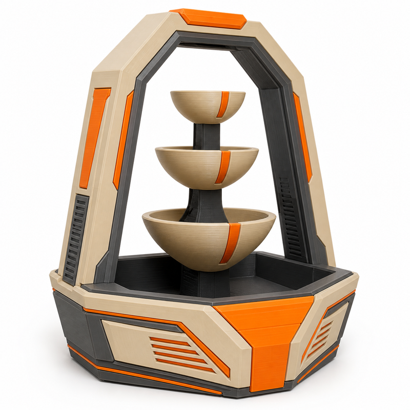 Product illustration of "Arc Fountain with Three Bowls" on a white background: Indoor fountains; Basic shape: large polygonal collecting bowl under a high open arc; Design: three vertically staggered semi-circular water basins and technical side panels; Colours: beige, dark grey and orange.