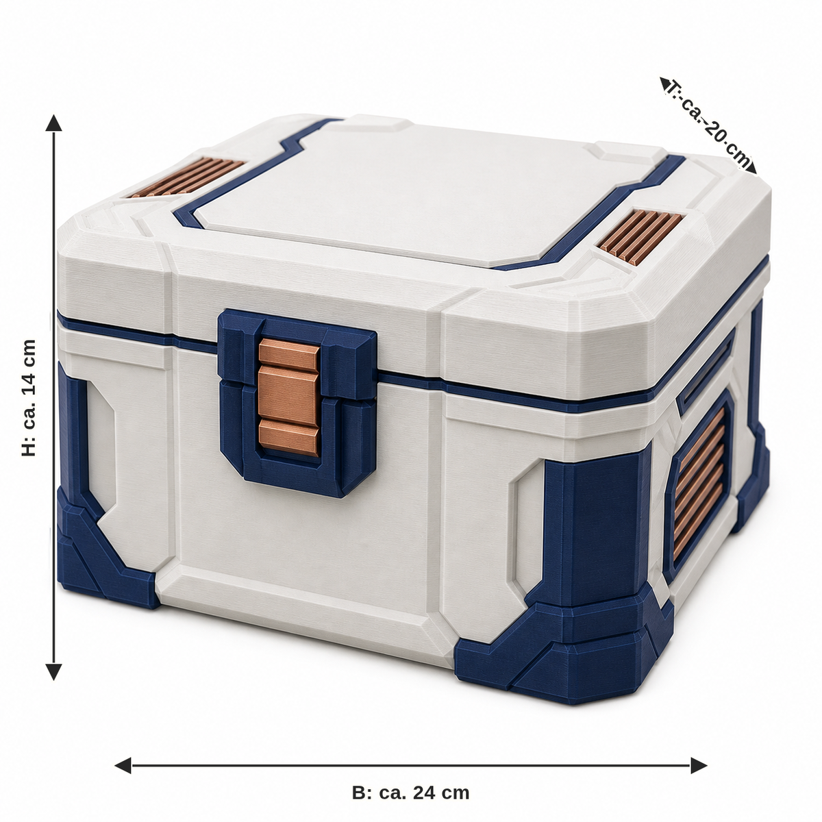 Dimensional image for Futuristic storage box with safety bar: width approx. 24 cm, depth approx. 20 cm, height approx. 14 cm