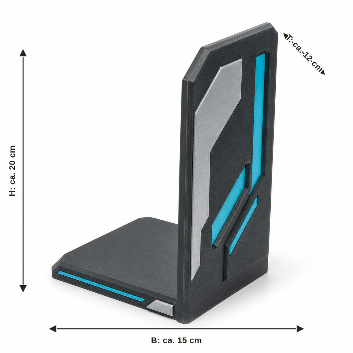 Dimensional image for futuristic booking with diagonal frame: width approx. 15 cm, depth approx. 12 cm, height approx. 20 cm